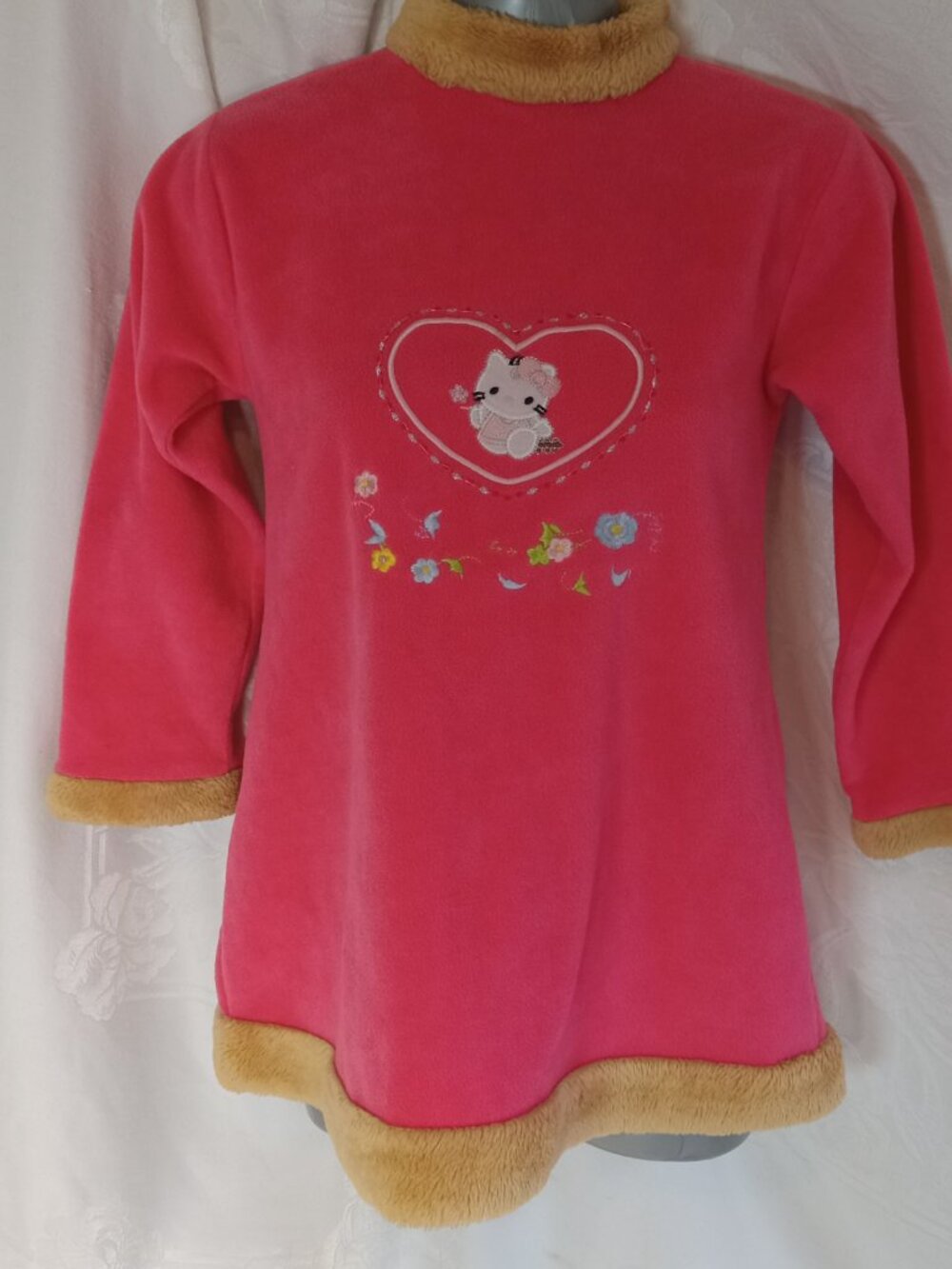 Vintage Hello Kitty Girl Dress Nightgown Warm Fleece Pajamas Pink Sz 10 Heart